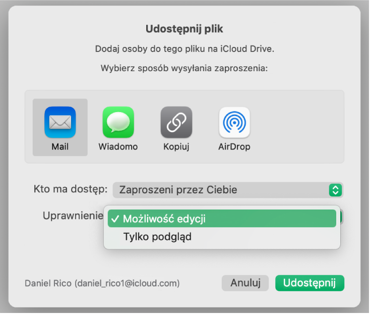 Okno dialogowe współpracy z otwartym menu podręcznym Uprawnienie oraz wybraną opcją Możliwość edycji.