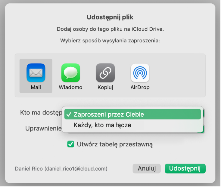 Okno dialogowe współpracy z otwartym menu podręcznym Kto ma dostęp oraz wybraną opcją Zaproszeni przez Ciebie.