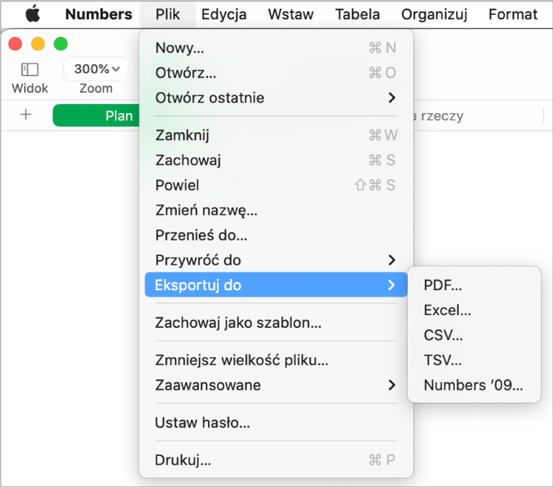 Otwarte menu Plik z wybranym podmenu Eksportuj do. Opcje dostępne w podmenu to: PDF, Excel, CSV i Numbers '09.