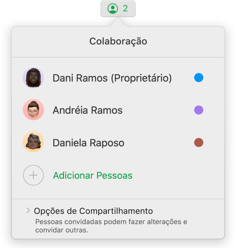 Menu Colaboração mostrando os nomes das pessoas que estão colaborando na planilha. As opções de compartilhamento se encontram abaixo dos nomes.