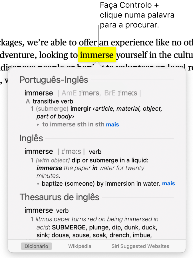 Texto com uma palavra realçada e uma janela a mostrar a respetiva definição e uma entrada do dicionário de sinónimos. Os três botões na parte inferior da janela fornecem hiperligações para o dicionário, a Wikipédia e os sites sugeridos por Siri.