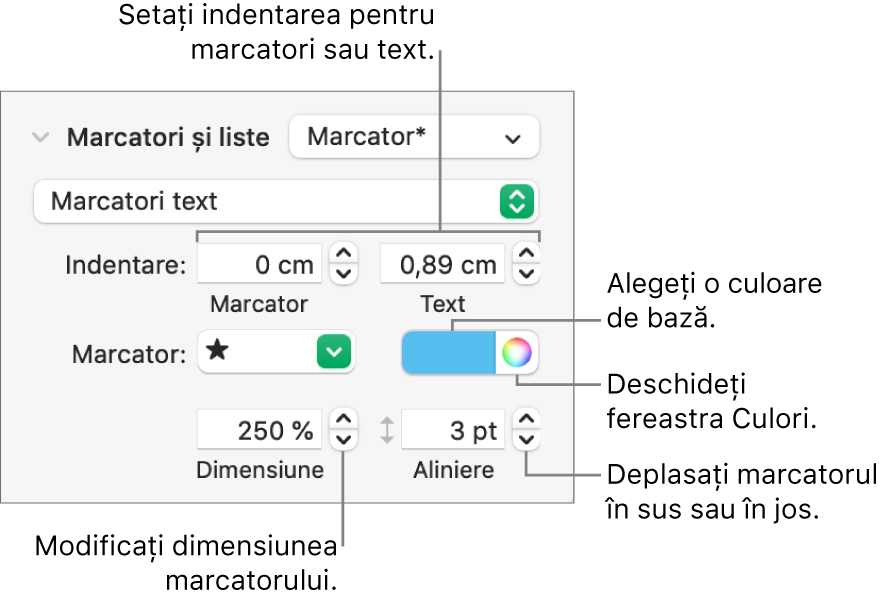 Secțiunea Marcatori/liste cu explicații pentru comenzile de indentare cu marcator și text, culoarea marcatorului, dimensiunea marcatorului și aliniere.