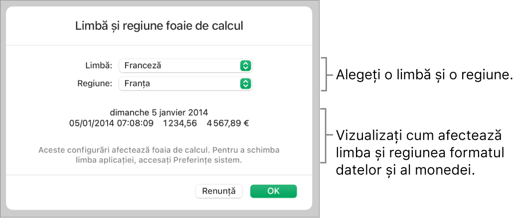 Panoul Limbă și regiune, cu comenzile pentru limbă și regiune și un exemplu de format, inclusiv data, ora, zecimale și valuta.