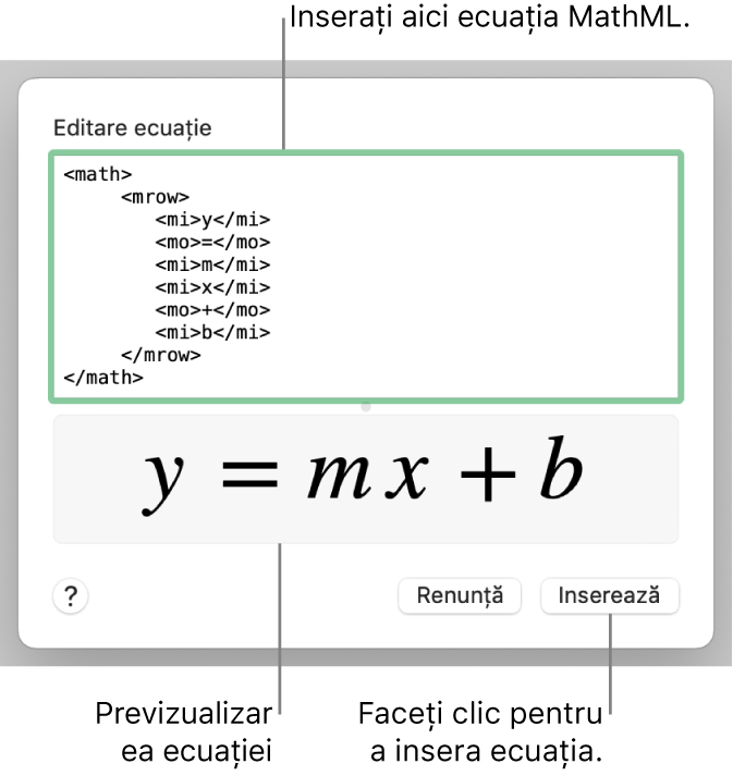 Ecuația pantei unei linii în câmpul Editare ecuație și o previzualizare a formulei dedesubt.