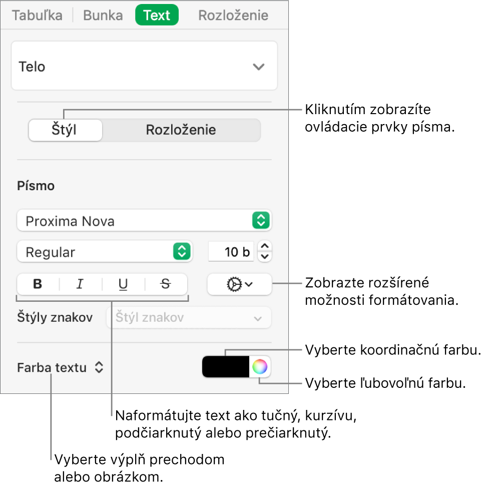 Ovládacie prvky na úpravu štýlu textu tabuľky.
