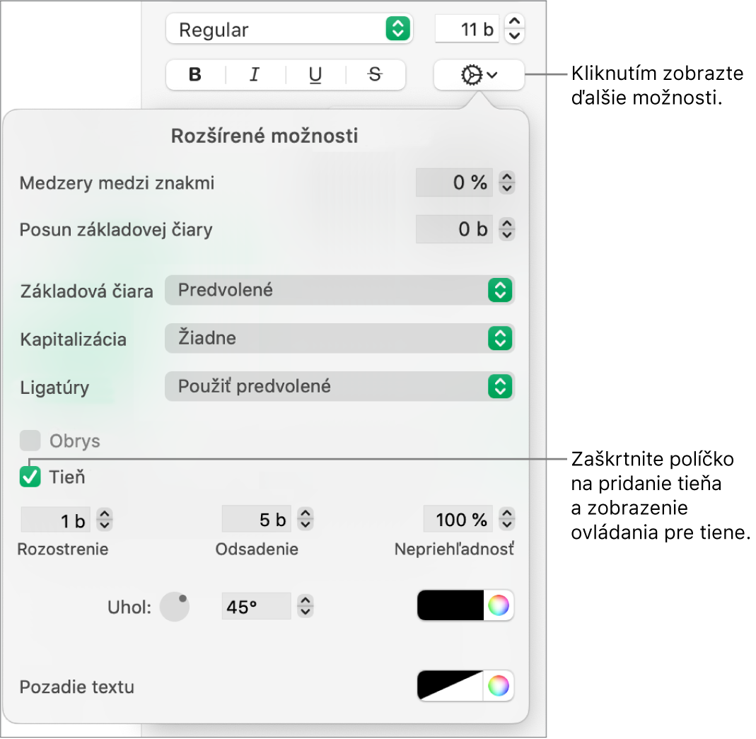 Otvorenie menu Rozšírené možnosti s označeným zaškrtávacím políčkom Tiene a ovládacích prvkov na nastavenie rozostrenia, ofsetu, nepriehľadnosti, uhla a farby.