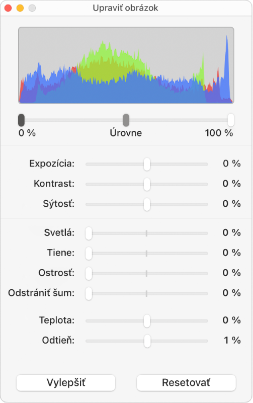 Okno Upraviť obrázok s posuvníkmi na nastavenie expozície, kontrastu, sýtosti, zvýraznení, tieňov, ostrosti, šumu, teploty a zafarbenia.