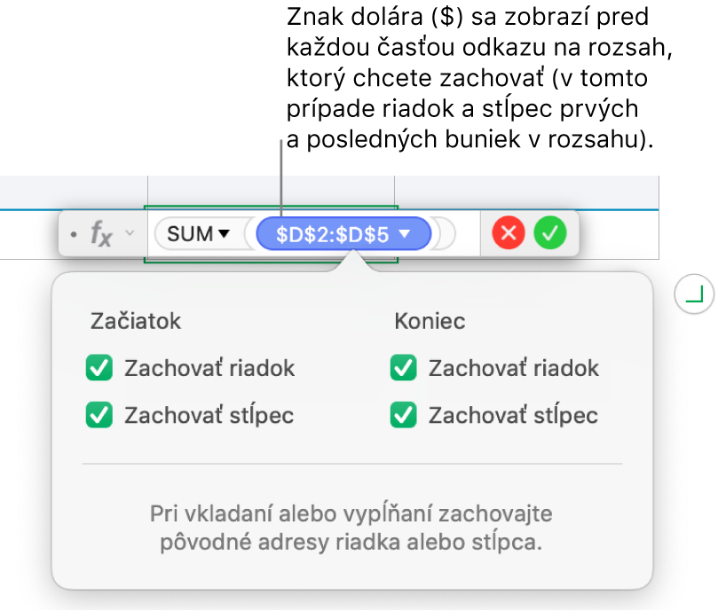 Vzorec zobrazujúci zachované odkazy na riadok a stĺpec.