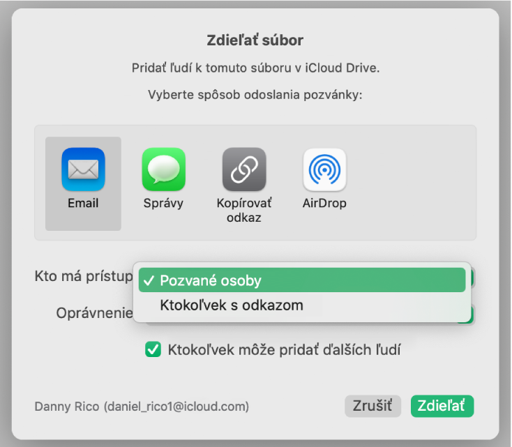 Dialógové okno spolupráce s otvoreným vyskakovacím menu Kto má prístup a označenou možnosťou Pozvané osoby.