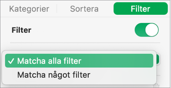 Popupmenyn för val mellan att visa rader som matchar alla filter eller ett filter.