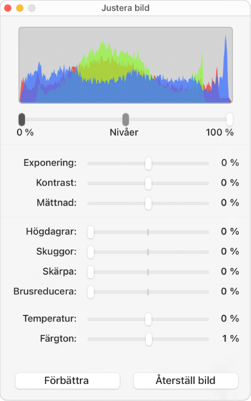 Fönstret Justera bild med reglage för exponering, kontrast, mättnad, högdagrar, skuggor, skärpa, brusreducering, temperatur och nyans.