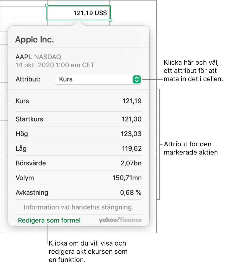 Dialogrutan för att mata in information om aktieattribut där Apple-aktien har markerats.