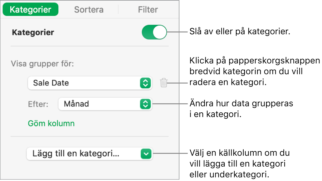 Kategorisidofältet med alternativ för att slå av kategorier, radera kategorier, gruppera om data, gömma en källkolumn och lägga till kategorier.