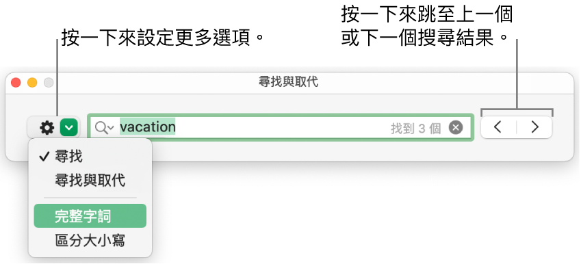 「尋找與取代」視窗，並有説明文字指向按鈕來顯示「尋找」、「尋找與取代」、「完整字詞」和「區分大小寫」的選項。右側的箭嘴可讓你跳至上一個或下一個搜尋結果。