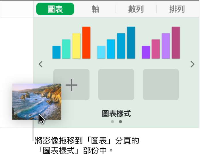 拖移影像至側邊欄中的圖表樣式部份以製作新樣式。