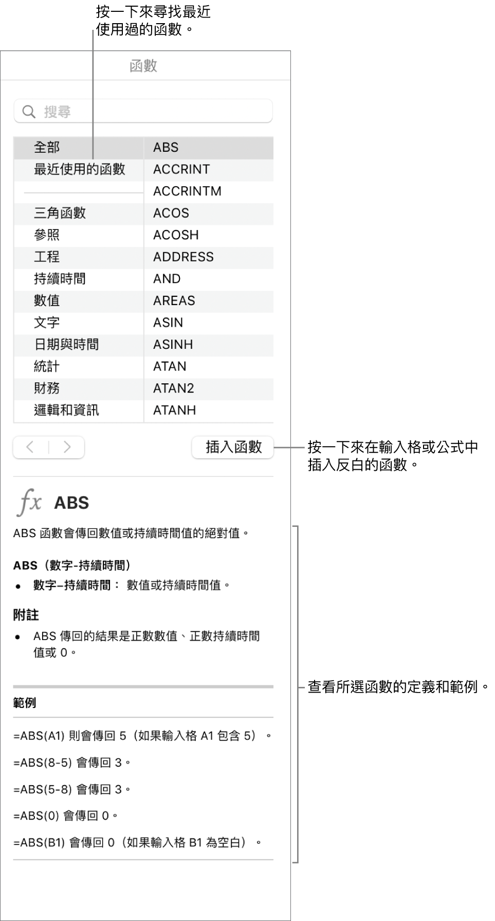 帶有說明文字的「函數瀏覽器」，指出最近使用的函數、「插入函數」按鈕以及函數定義。