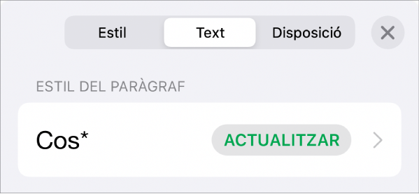 Un estil de paràgraf amb un asterisc al costat i un botó Actualitzar a la dreta.