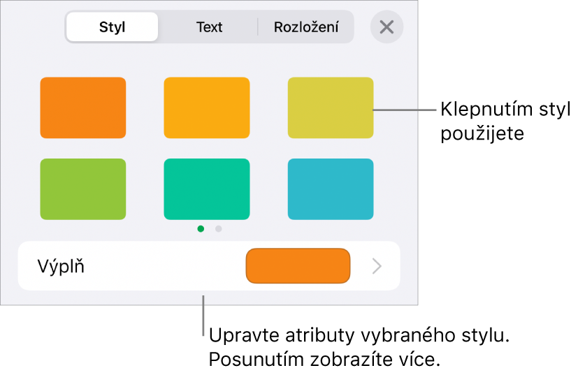 Panel Styl v nabídce Formát se styly tvarů u horního okraje a výběrem barev výplně níže.