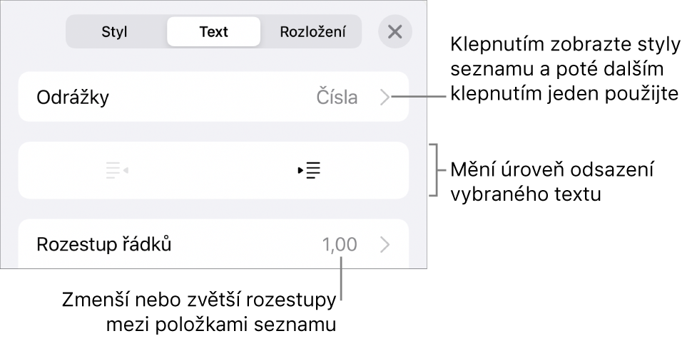 Oddíl Odrážky a seznamy na panelu Formát s připojenými popisky pro ovládací prvky Odrážky a seznamy, pro tlačítka zvýšení a snížení úrovně odsazení a pro ovládací prvky řádkování.