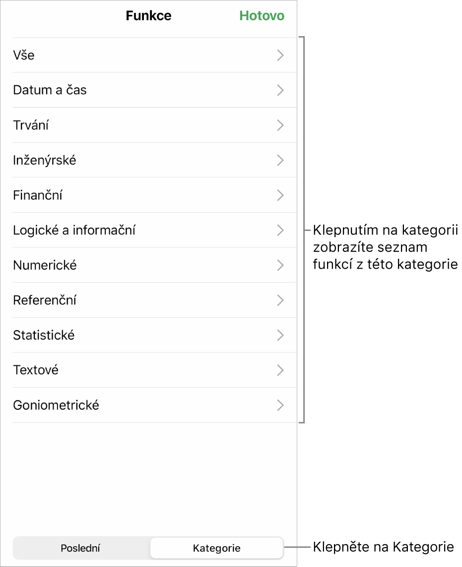 Prohlížeč funkcí s vybraným tlačítkem Kategorie a seznamem kategorií pod ním