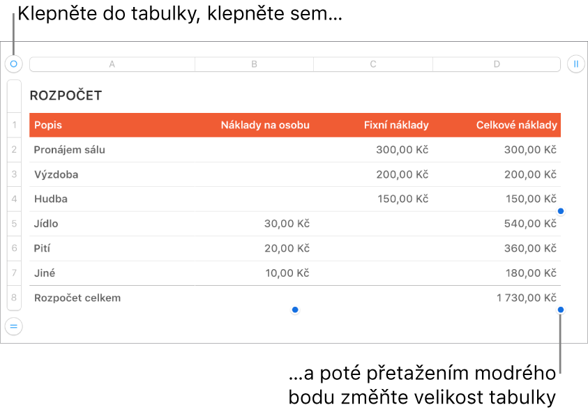 Vybraná tabulka s modrými body pro změnu velikosti