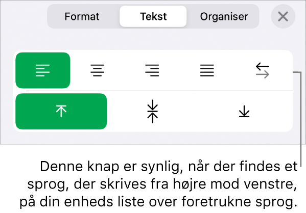 En del af formatmulighederne på menuen Format med billedforklaring til knappen Højre mod venstre.