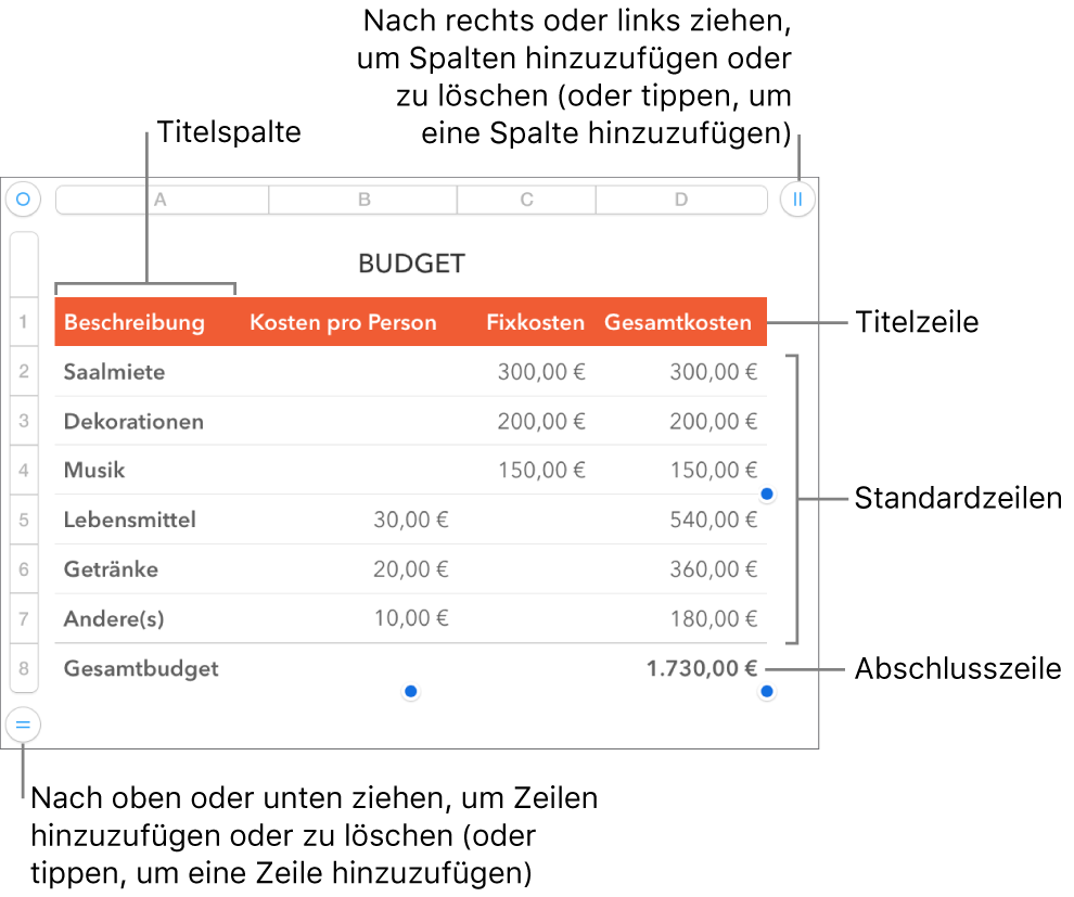 Eine Tabelle mit Titel-, Standard- und Abschlusszeilen und Spalten sowie mit Aktivpunkten zum Hinzufügen oder Löschen von Zeilen oder Spalten.