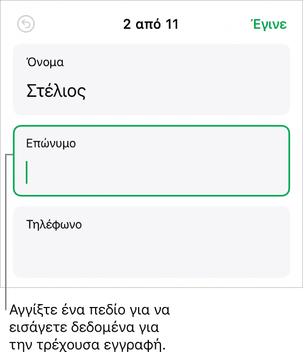 Εγγραφή σε μια φόρμα όπου φαίνεται ένα ενεργό πεδίο με ένα σημείο εισαγωγής.