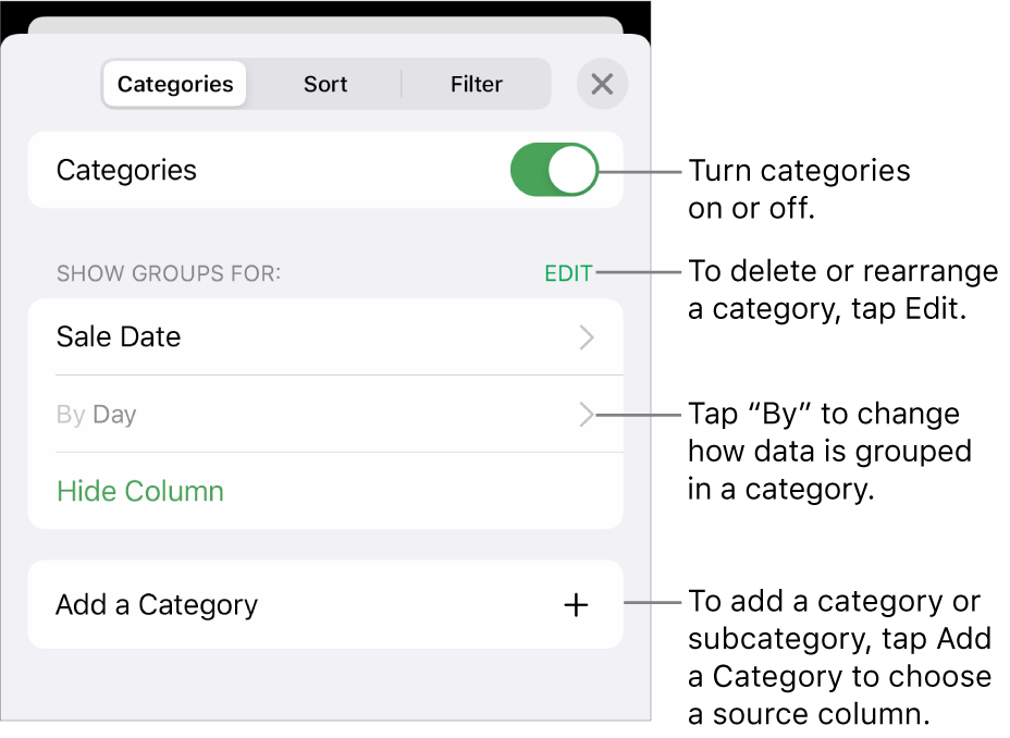 The Categories menu for iPhone with options for turning categories off, deleting categories, regrouping data, hiding a source column, and adding categories.