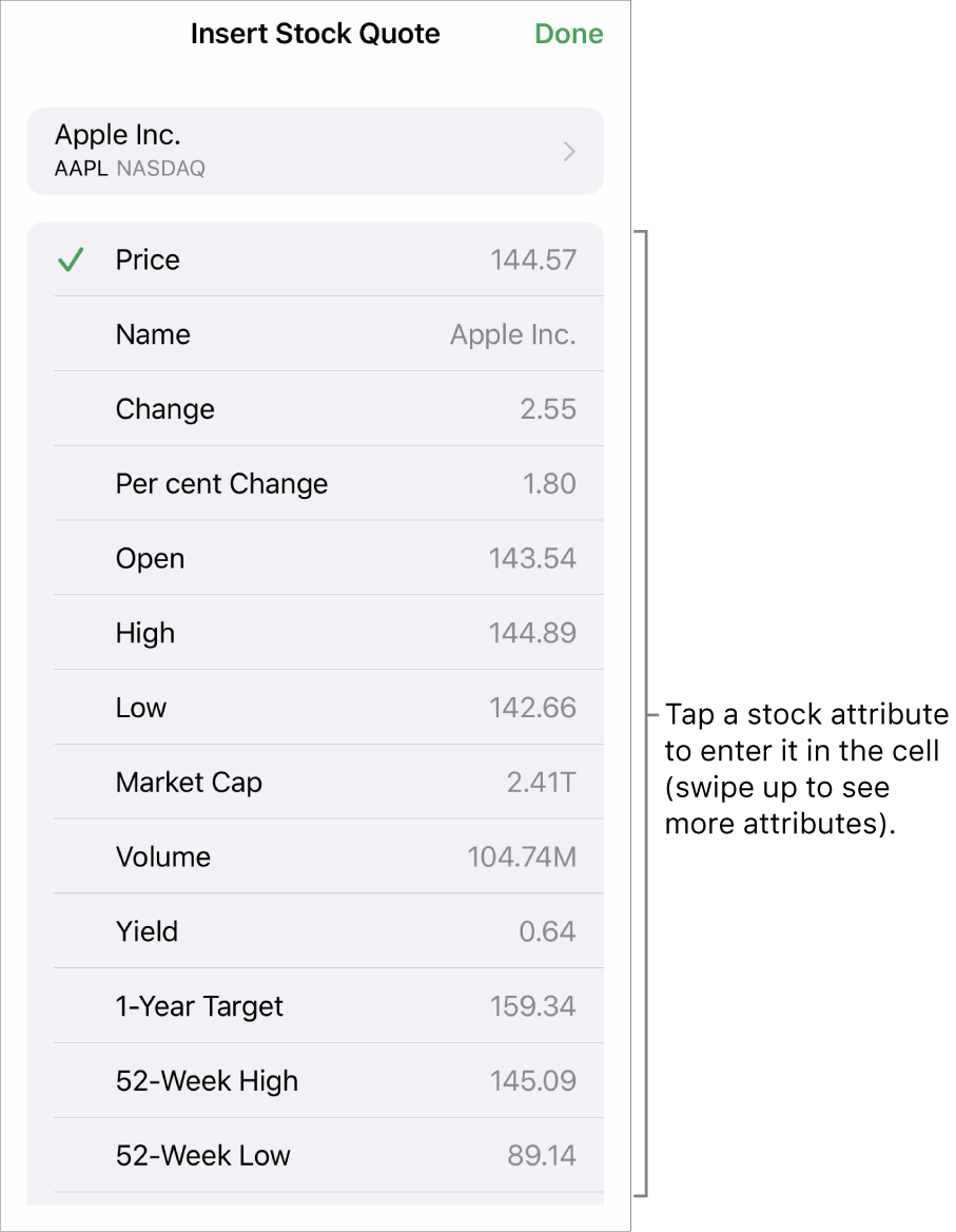 The stock quote pop over, with the stock name at the top and selectable stock attributes, including price, name, change, per cent change and open listed below.