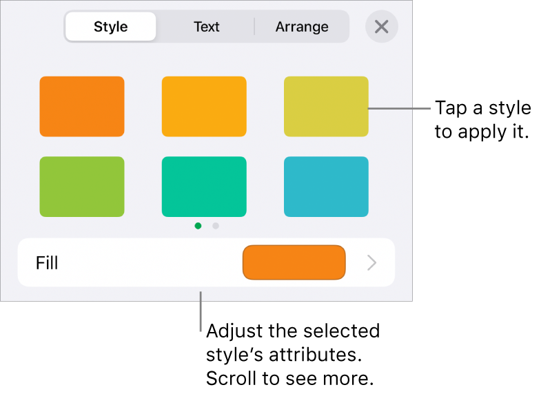 The Style tab of the Format button with six shape styles and the Fill controls below them.