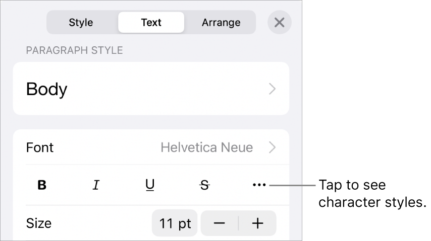 The Format controls with paragraph styles at the top, then Font controls. Below Font are the Bold, Italic, Underline, Strikethrough and More Text Options buttons.