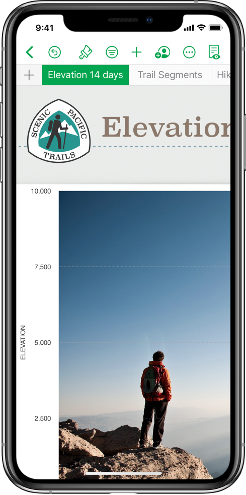 A spreadsheet tracking hiking information, showing sheet names near the top of the screen. The Add Sheet button is on the left, followed by sheet tabs for Elevation and Trail Segments.