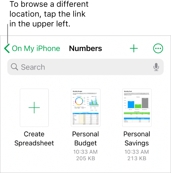The browse view of the spreadsheet manager with a location link in the top-left corner and below it a Search field. In the top-right corner are the Add a Spreadsheet button and the More button. At the bottom of the screen are a Recents button and Browse button.