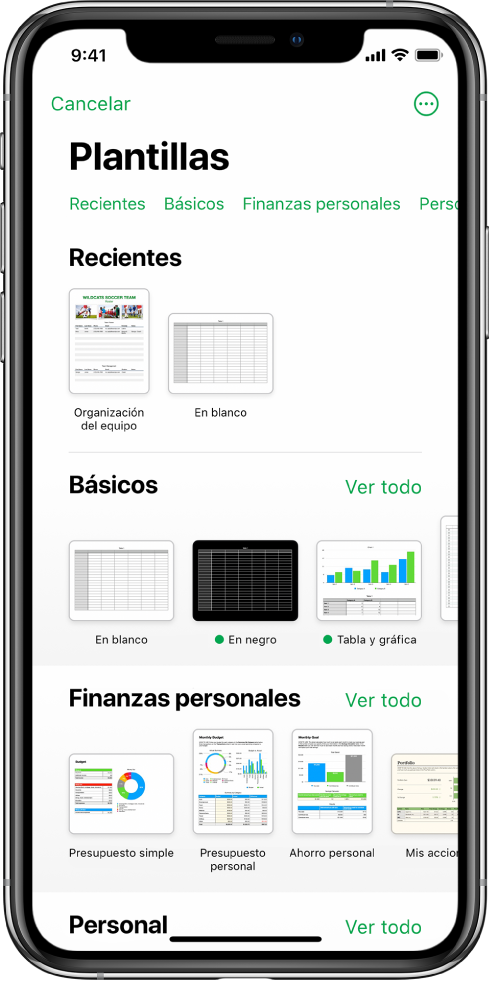 El selector de plantilla, mostrando una fila de categorías a lo largo de la parte superior en la que puedes tocar para filtrar las opciones. Debajo aparecen miniaturas de plantillas prediseñadas organizadas en filas por categorías, empezando por Recientes en la parte superior y seguida por Básicas y “Finanzas personales”. Por encima y a la derecha de cada fila de categoría aparece un botón “Ver todo”. El botón “Idioma y región” se encuentra en la esquina superior derecha.