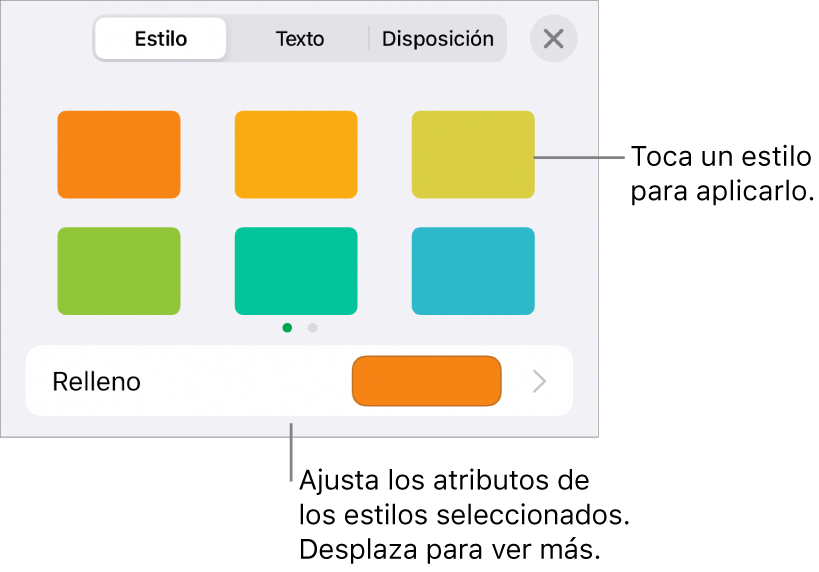 La ficha Estilo del botón Formato con seis estilos de figura y los controles de Relleno debajo de ellos.