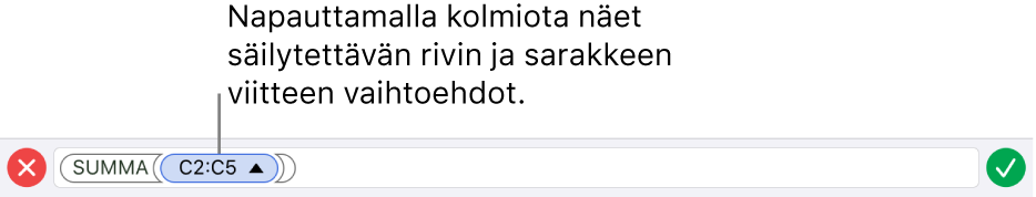 Kaavan muokkaaja, jossa näkyy, miten rivi- ja sarakeviittaukset säilytetään, kun solu kopioidaan tai siirretään.