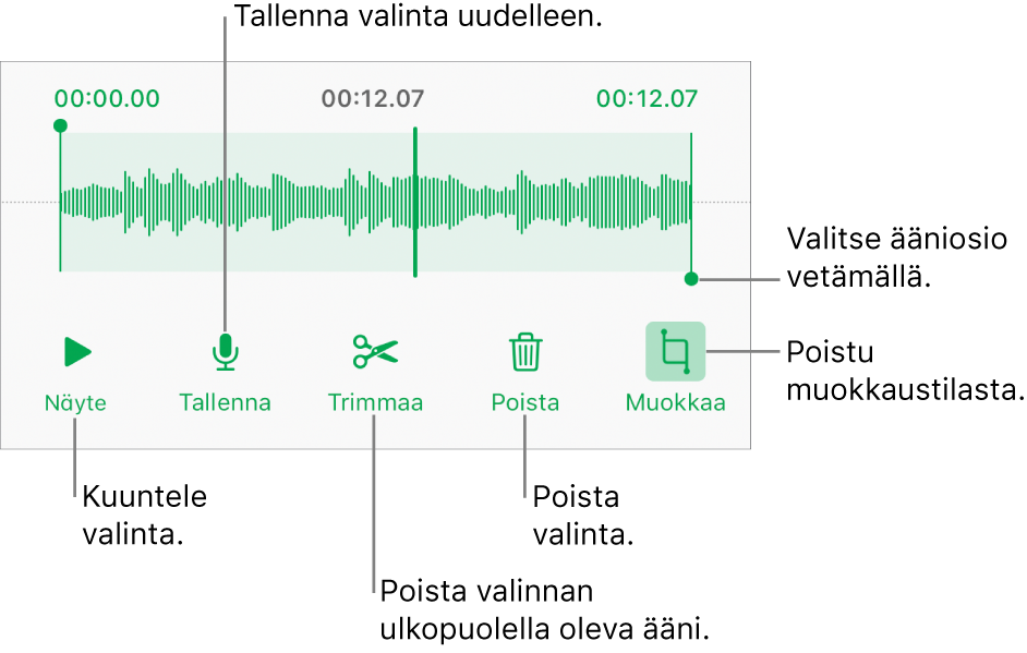 Säätimet tallennetun äänen muokkaamiseen. Kahvat osoittavat äänitysosion. Alla on painikkeet esikuuntelulle, tallentamiselle, trimmaamiselle, poistamiselle ja muokkaustilalle.