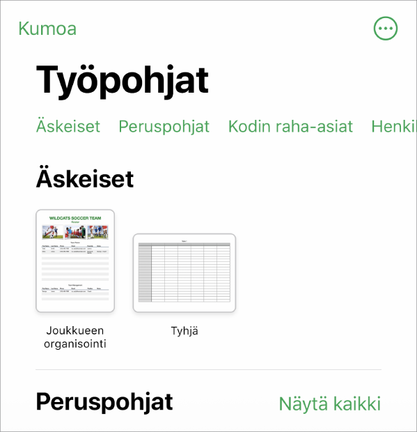 Työpohjan valitsin, jonka yläreunassa näkyy kategorioiden rivi, jota napauttamalla voidaan suodattaa vaihtoehtoja. Alla on esimääritettyjä työpohjia, jotka on järjestetty riveihin kategorian mukaan siten, että yläreunassa ovat äskeiset työpohjat ja niiden alla peruspohjat. Näytä kaikki -painike tulee näkyviin kunkin kategorian yläpuolelle oikealla. Kieli ja alue -painike on oikeassa yläkulmassa.