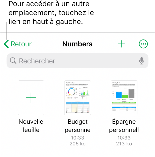 La présentation de navigation du gestionnaire de feuilles de calcul avec un lien d’emplacement dans le coin supérieur gauche et un champ de recherche en dessous de celui-ci. Dans un rang sous la barre de recherche se trouve un bouton pour ajouter un dossier, un menu local permettant de rechercher par nom de dossier, date, taille ou tag et un bouton pour basculer entre la présentation par icône et la présentation par liste. En dessous de ces éléments se trouvent un bouton Créer une feuille de calcul en regard des vignettes des feuilles de calcul existantes. En bas de l’écran se trouvent les boutons Récents et Parcourir.