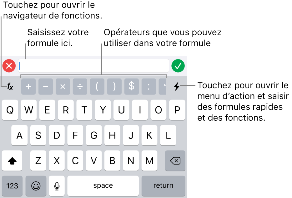 Clavier des formules, avec l’éditeur de formules en haut et les opérateurs utilisés dans les formules en dessous de celui-ci. Le bouton Fonctions qui permet d’ouvrir le navigateur de fonctions se trouve à gauche des opérateurs et le bouton du menu d’action, à droite.