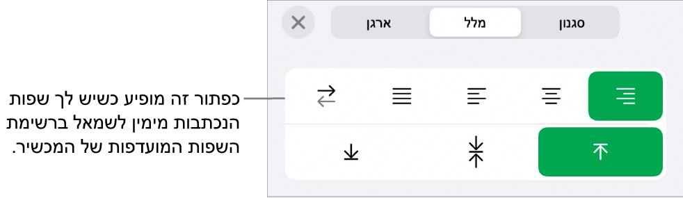 המקטע ״סגנון״ בתפריט ״עיצוב״ עם הסבר לכפתור ״מימין לשמאל״.