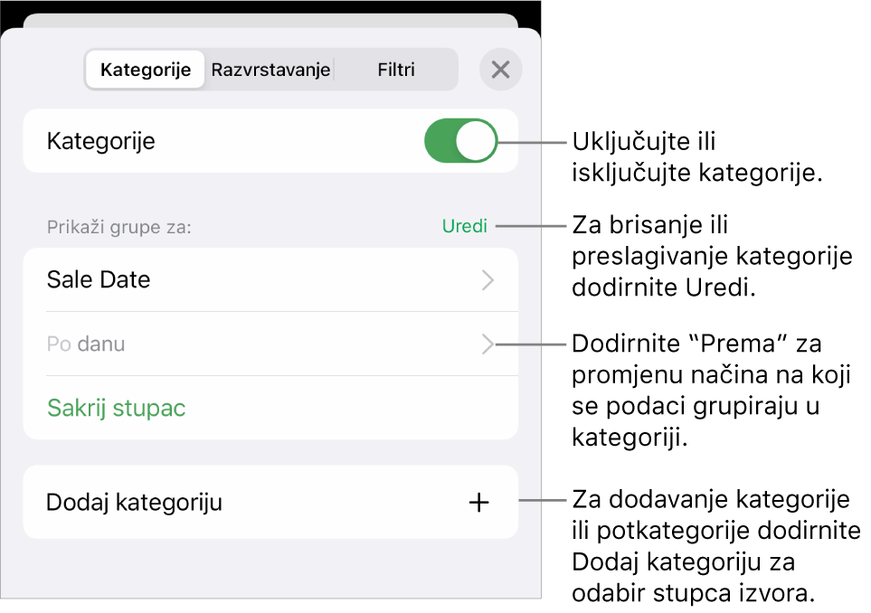 Izbornik Kategorije za iPhone s opcijama za isključivanje kategorija, brisanje kategorija, regrupiranje podataka, skrivanje izvorišnog stupca i dodavanje kategorija.