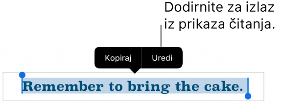 Rečenica je odabrana, a poviše nje je kontekstualni izbornik s tipkama Kopiraj i Uredi.