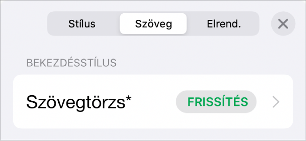 Karakterstílus egy csillag karakterrel, jobbra pedig a Frissítés gombbal.