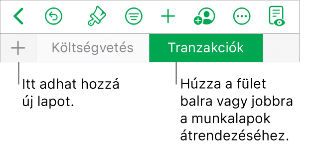Lapsáv új munkalap hozzáadásához, navigáláshoz, sorrendmódosításhoz és munkalapok átrendezéséhez.