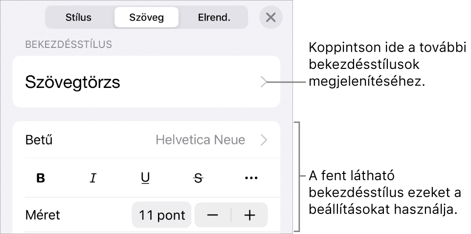 A Formátum menü a bekezdés és a karakterek stílusának, betűtípusának, méretének és színének beállítására szolgáló vezérlőkkel.