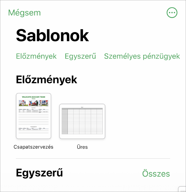 A sablonválasztó, a kategóriák sorával a felső részén, ahonnan a szűrési feltételek választhatók ki. Alatta a kategóriák alapján sorokba rendezett előre elkészített sablonok bélyegképei láthatók. Elsőként az Előzmények kategória látható, melyet az Egyszerű kategória követ. Minden egyes sor jobb oldalán egy Összes megtekintése gomb látható. A Nyelv és régió gomb a jobb felső sarokban látható.