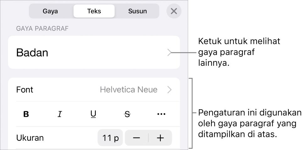 Menu Format menampilkan kontrol teks untuk mengatur paragraf dan gaya karakter, font, ukuran, dan warna.