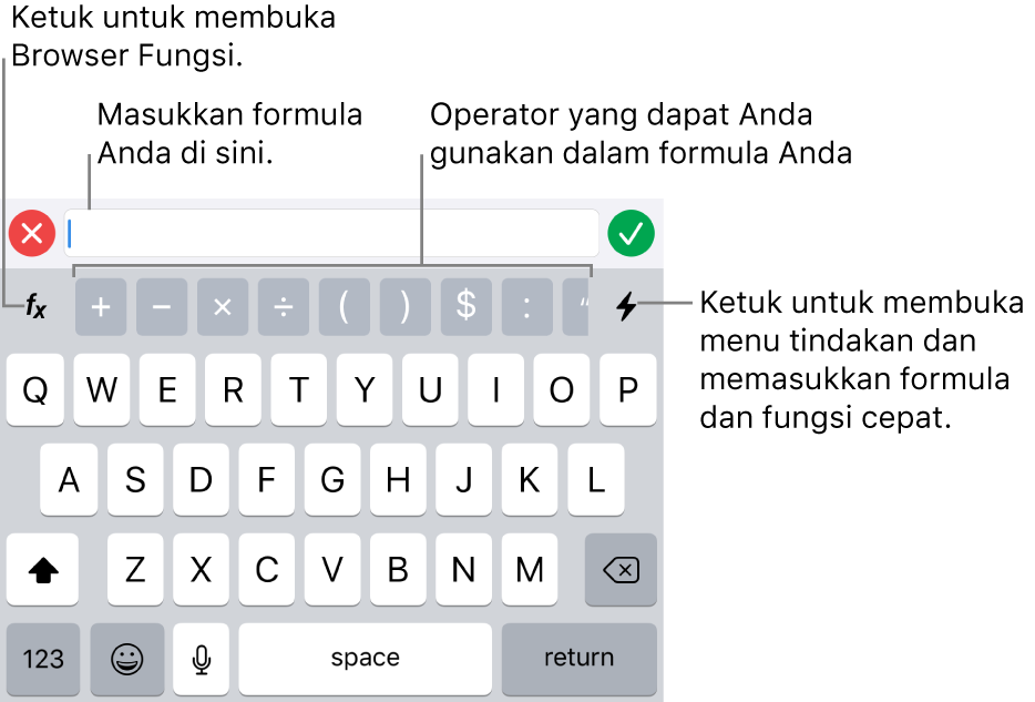 Papan ketik formula, dengan editor formula di bagian atas dan operator digunakan dalam formula di bawahnya. Tombol Fungsi untuk membuka Browser Fungsi berada di kiri operator, dan tombol menu Tindakan berada di kanan.